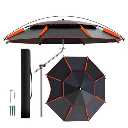 Large Anti-Wind Fishing Umbrella – Double-Deck Vented Canopy, 360° Adjustable UV-Blocking Sunshade with Ground Spike and Carry Bag for Fishing, Camping and Beach Days