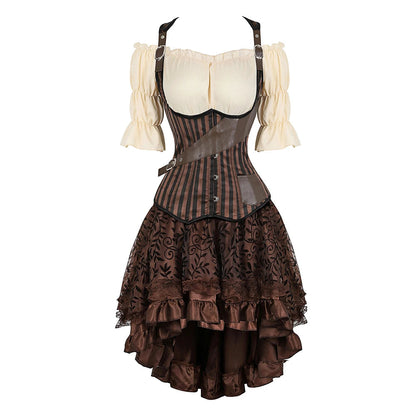 Women’s Pirate Corset Dress – Plus Size Brown Faux Leather Steampunk Costume with Off-Shoulder Blouse for Halloween Party Cosplay