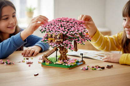DIY Cherry Blossom Tree House Building Blocks – 2138pcs Pink Train Model Kit, Creative Assembly Toy for Kids and Collectors Gift