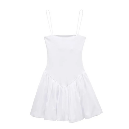 Poplin Balloon Mini Dress – Elastic Strap Sleeveless Chic Camisole Dress with High Waist Fit for Stylish Summer Days
