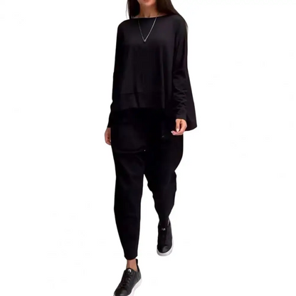 Solid Color Fashion Lace-Up Two-Piece Set – Loose-Fit Long Sleeve Top & Pants for Effortless Chic