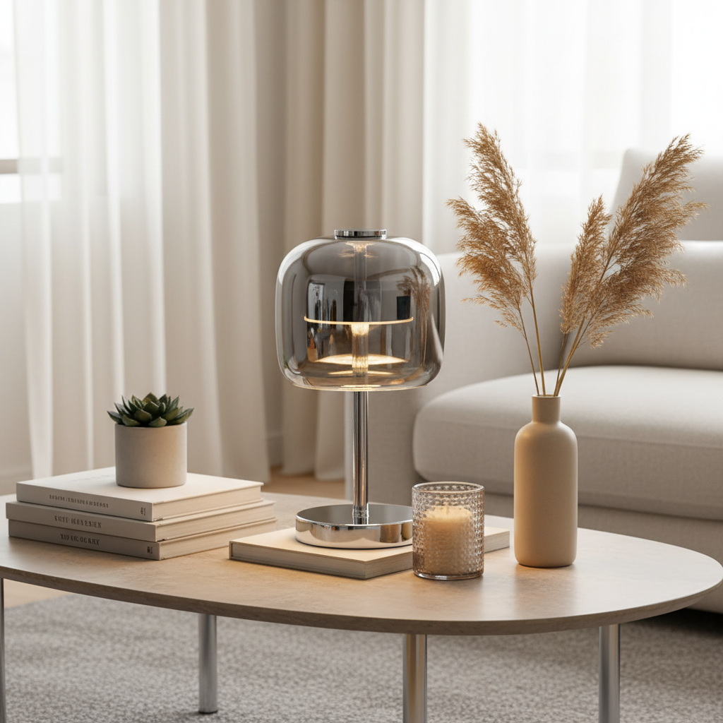 Nordic Smoke Gray Glass Table Lamp – High Transparency Decorative Bedside Lamp for Living Room and Club Decor