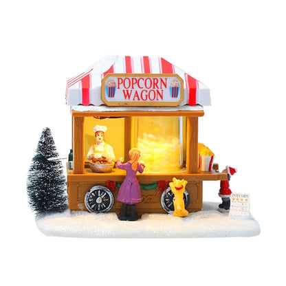 Christmas Popcorn Scene Music Gift Box – Rotating Santa Village Tabletop Decoration with Lights, Holiday Display Ornament for Kids & Home