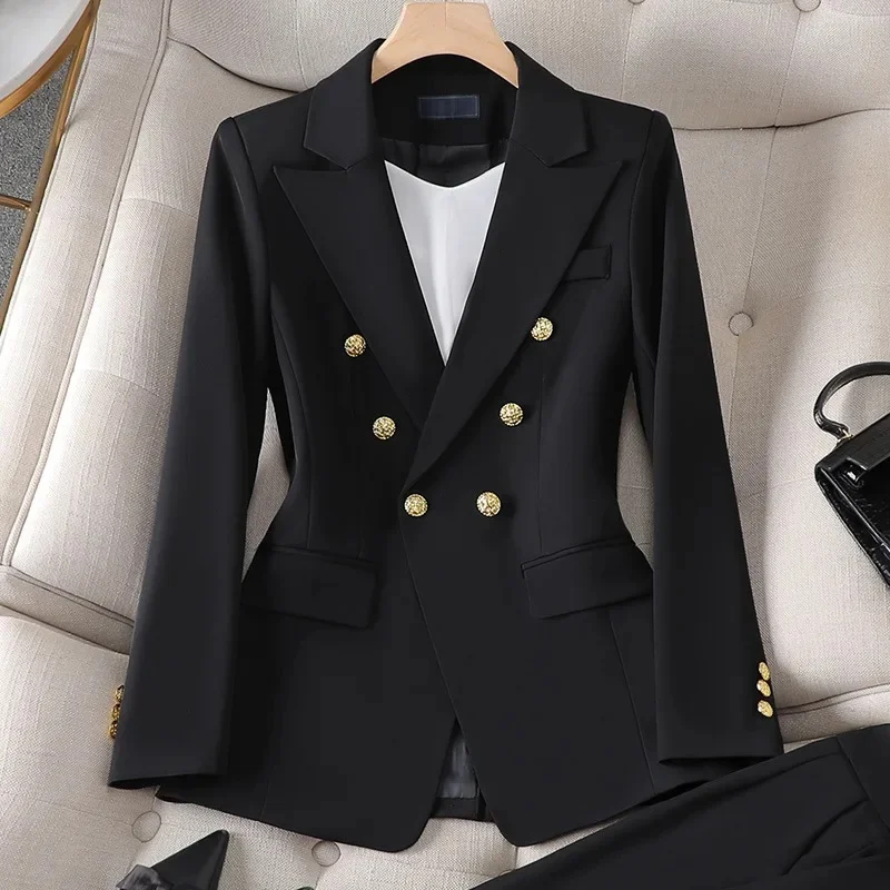 Women's Pant Suit – Double Breasted Business Blazer Set, Gold Buttons – Blazer, Pants or Skirt