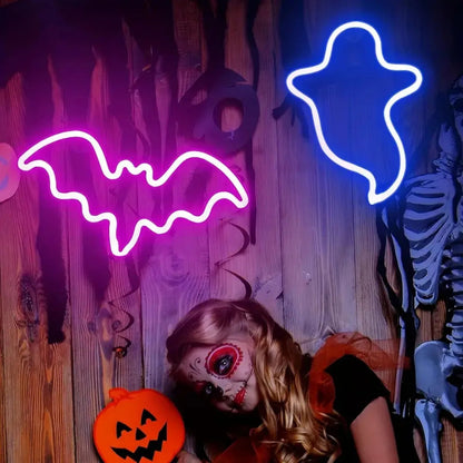 Halloween Bat Ghost Neon Table Lamp – LED Bat And Ghost Shaped Neon Light For Indoor Outdoor Party, Bedroom, Festival Decoration