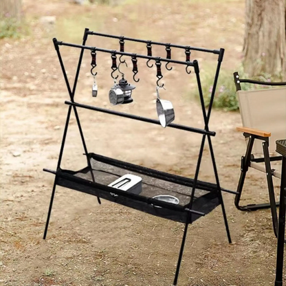 Portable Camping Gear Organizer Rack – Black Aluminum Alloy Frame with Hanging Hooks and Lantern Holder, Easy Setup for Campsites