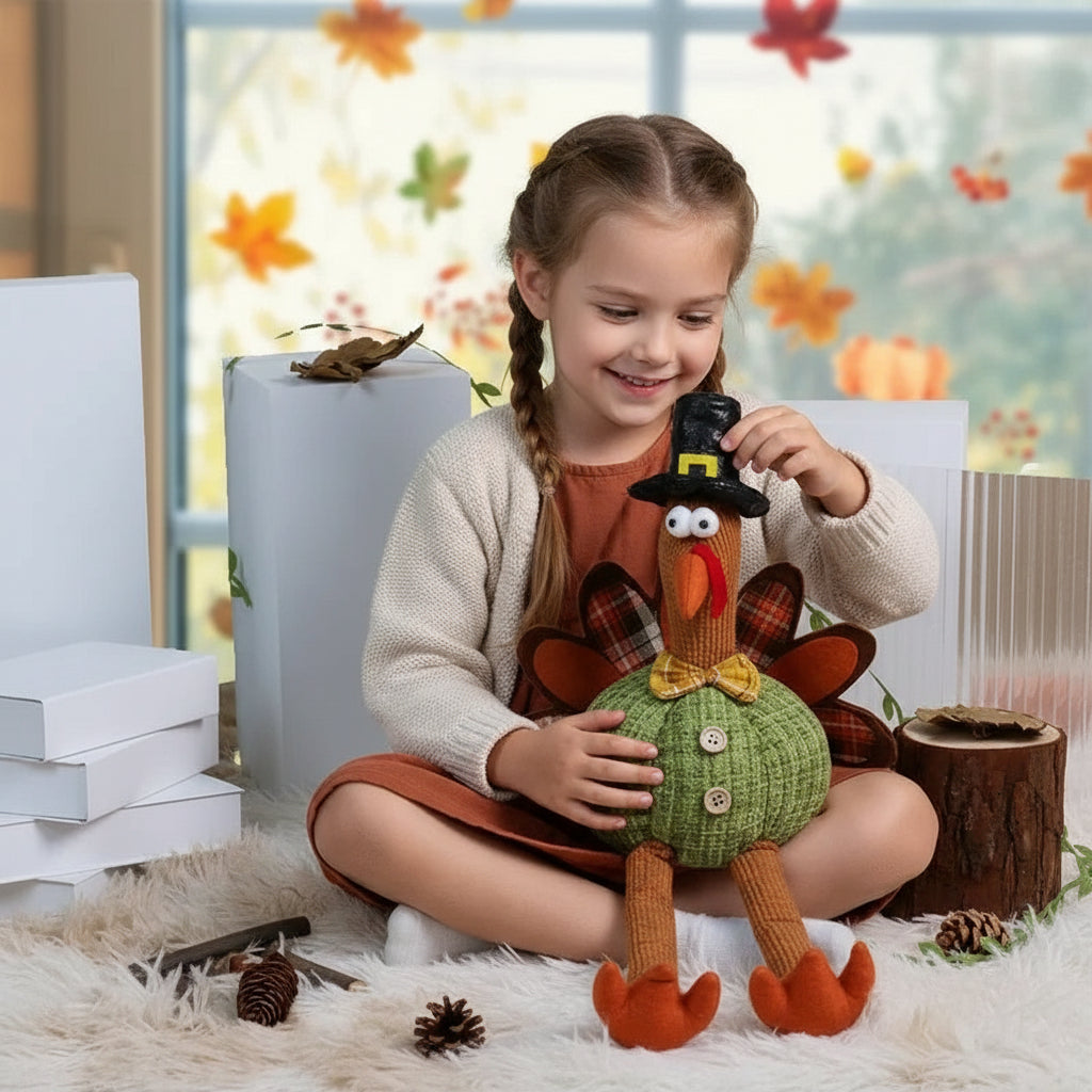 Thanksgiving Plush Turkey Gnome – Poseable Fall Tiered Tray Figurine for Autumn, Harvest & Home Festival Decor