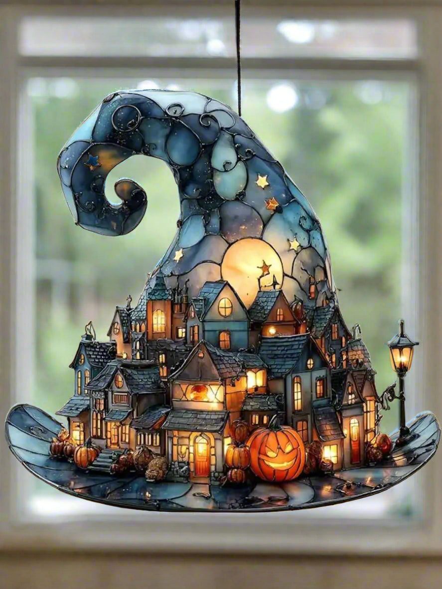 Halloween Witch Hat Hanging Decoration – Acrylic Pumpkin Town Window Pendant Ornament for Bedroom, Living Room, Home, and Party Décor