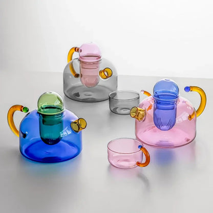 Colorful Glass Teapot Set – Tea Water Separation Filtration Teapot and Cups for Creative Drinkware Brewing