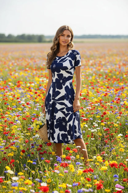 Floral Summer Dress Women - High Waist Short Sleeve Knee Length Dress, Casual Elegant Outfit for Daily and Party Wear
