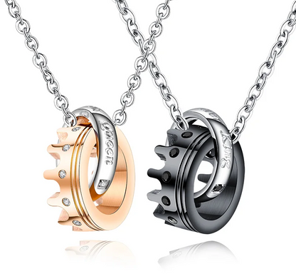 Matching King & Queen Crown Necklaces – Engraved Stainless Steel Couple Necklace for Eternal Love