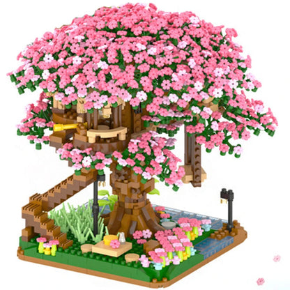 DIY Cherry Blossom Tree House Building Blocks – 2138pcs Pink Train Model Kit, Creative Assembly Toy for Kids and Collectors Gift