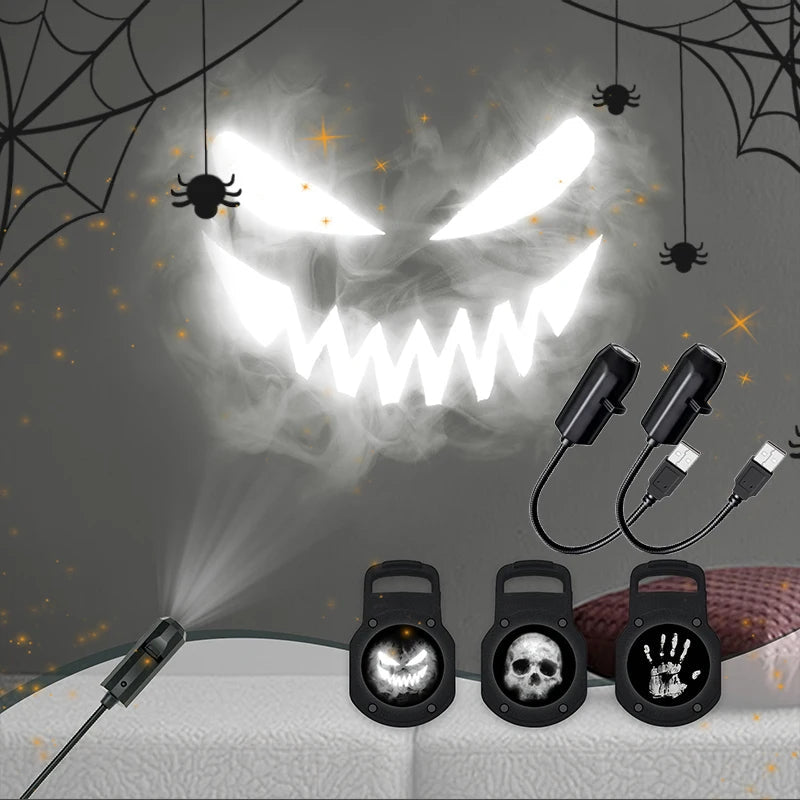 Halloween Skull Projector Light – USB Powered LED Ghost Night Lamp with Rotating Patterns for Creepy Dark Room Ambience Decor