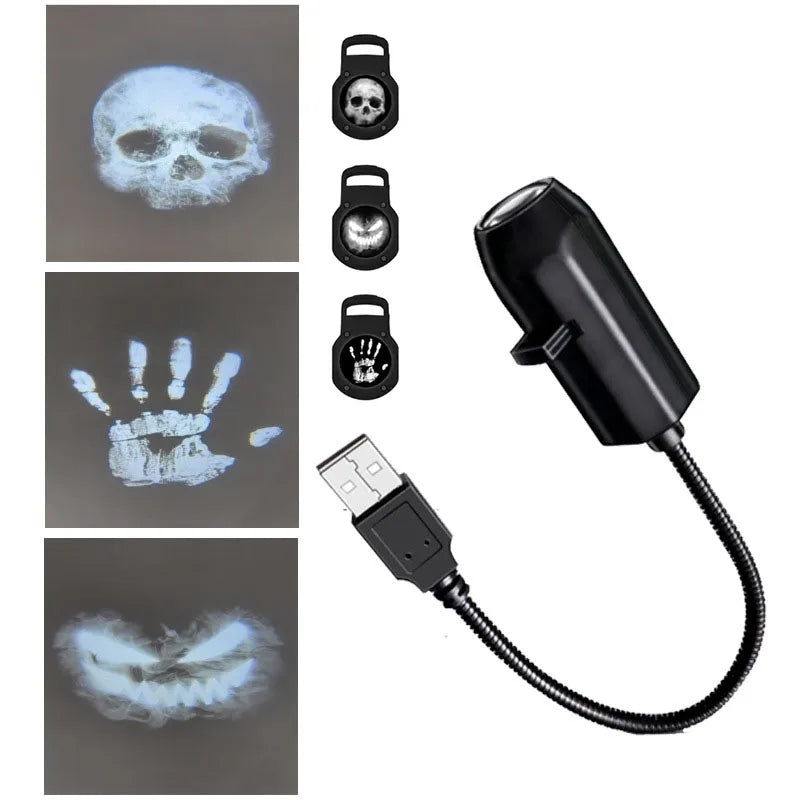 Halloween Skull Projector Light – USB Powered LED Ghost Night Lamp with Rotating Patterns for Creepy Dark Room Ambience Decor