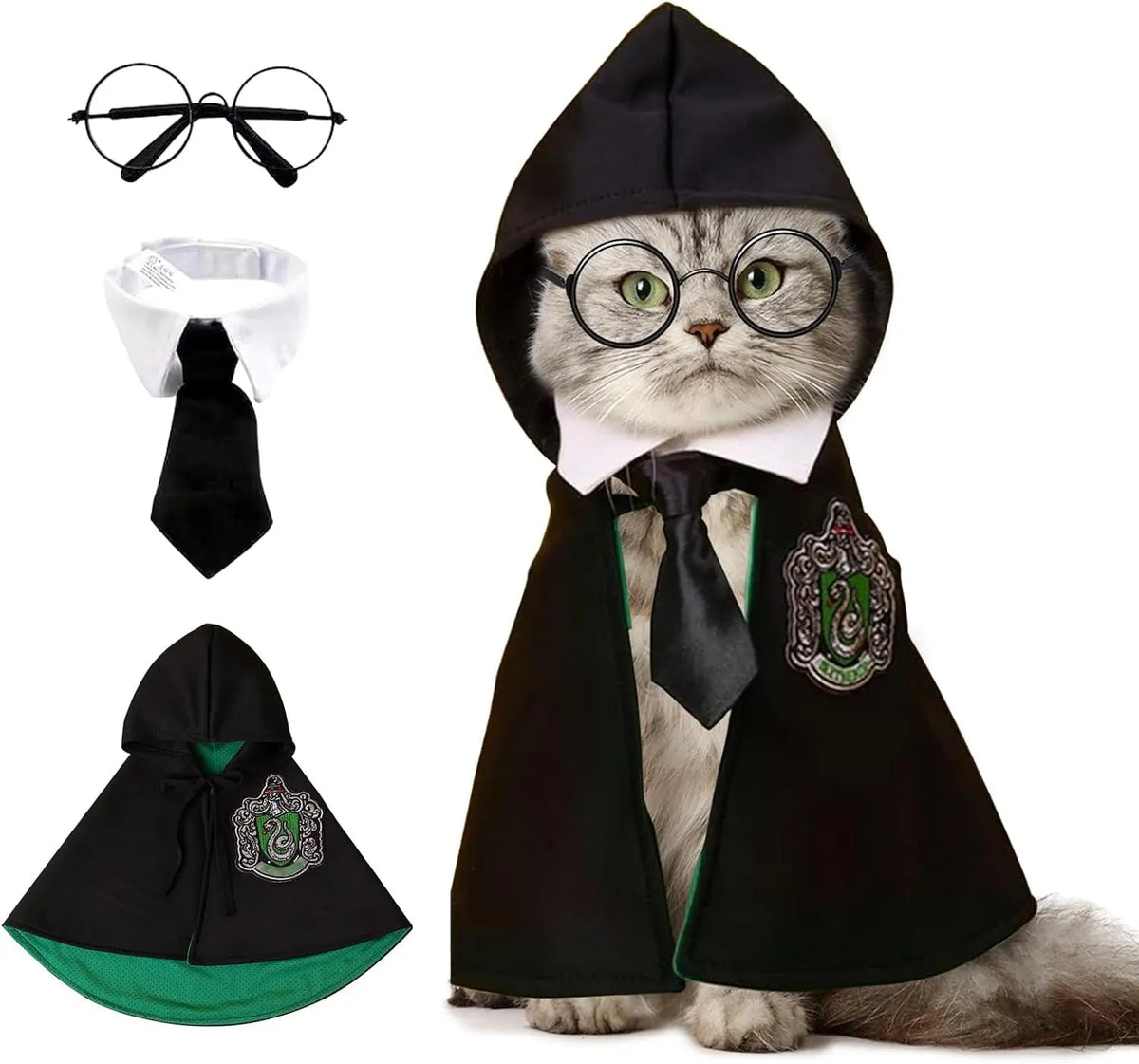 Halloween Pet Cloak Costume – Dog Cat Cosplay Magic Cloak with Glasses and Necktie, Cute Small Pet Clothes for Festivals