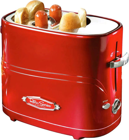 Hot Dog & Bun Toaster with Mini Tongs – 2‑Slot Retro Stainless Steel Cooker for Sausages, Chicken, Veggie Links and Breakfast Fun