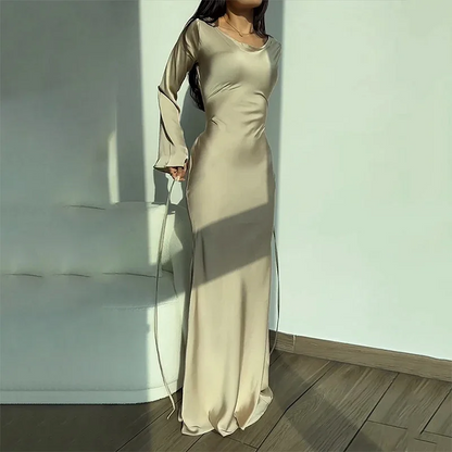 Satin Round Neck Long Lace-Up Evening Dress – Elegant Flare Sleeve High-Waist Party Gown for Glamorous Women