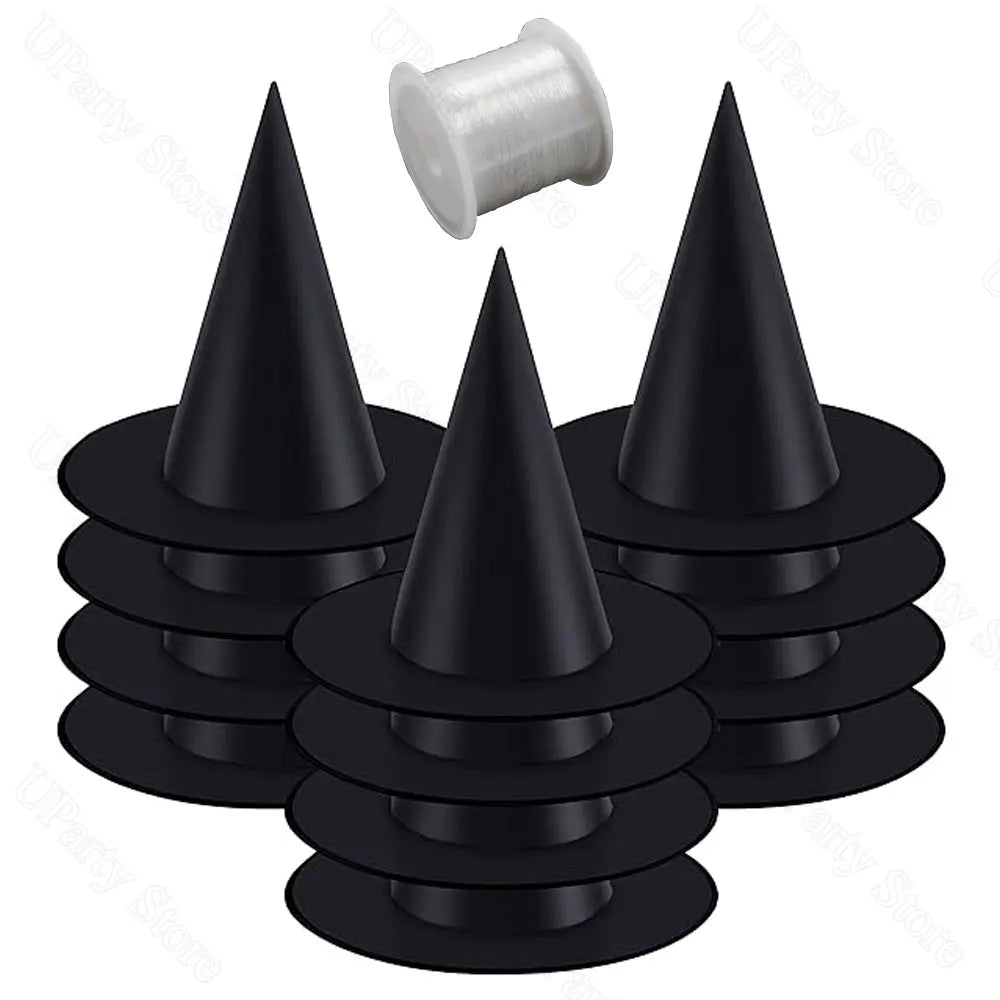 Halloween Hanging Witches Hats – Bulk Black Wizard Hats with Rope for Outdoor Porch Party Decoration and Favors