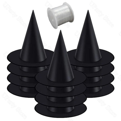 Halloween Hanging Witches Hats – Bulk Black Wizard Hats with Rope for Outdoor Porch Party Decoration and Favors