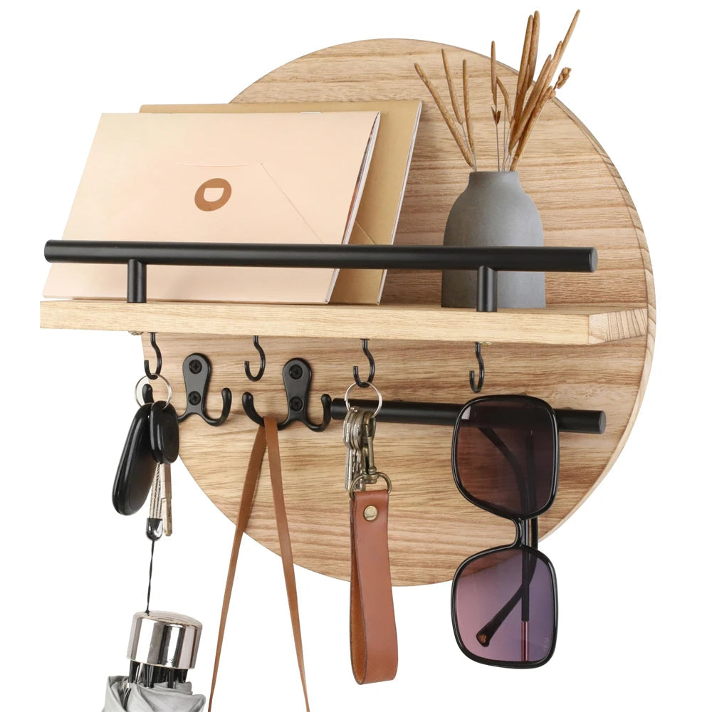 Wall Mounted Wooden Key Holder with Shelf - Mail Organizer and Entryway Storage Rack for Keys, Letters and Home Decor