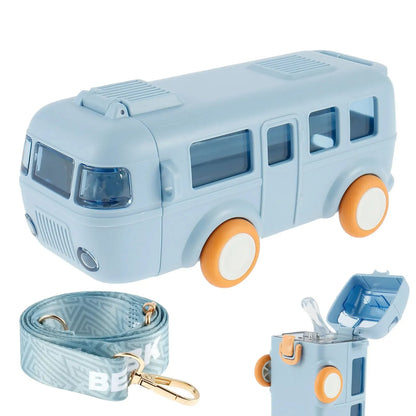 Bus-Shaped Kids Water Bottle – 500ml Fun Car Design with Shoulder Strap & Straw, Portable Leak-Proof Cup for School & Travel