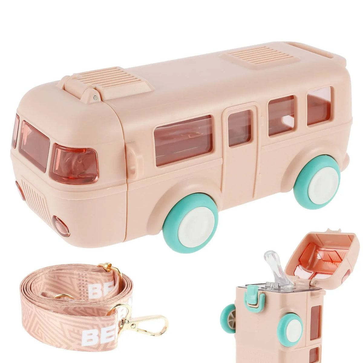 Bus-Shaped Kids Water Bottle – 500ml Fun Car Design with Shoulder Strap & Straw, Portable Leak-Proof Cup for School & Travel