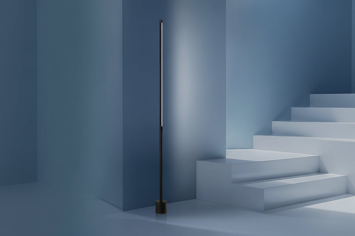 Minimalist LED Corner Floor Lamp – Dimmable Mood Lighting with Slim Black Stand for Modern Interior Spaces
