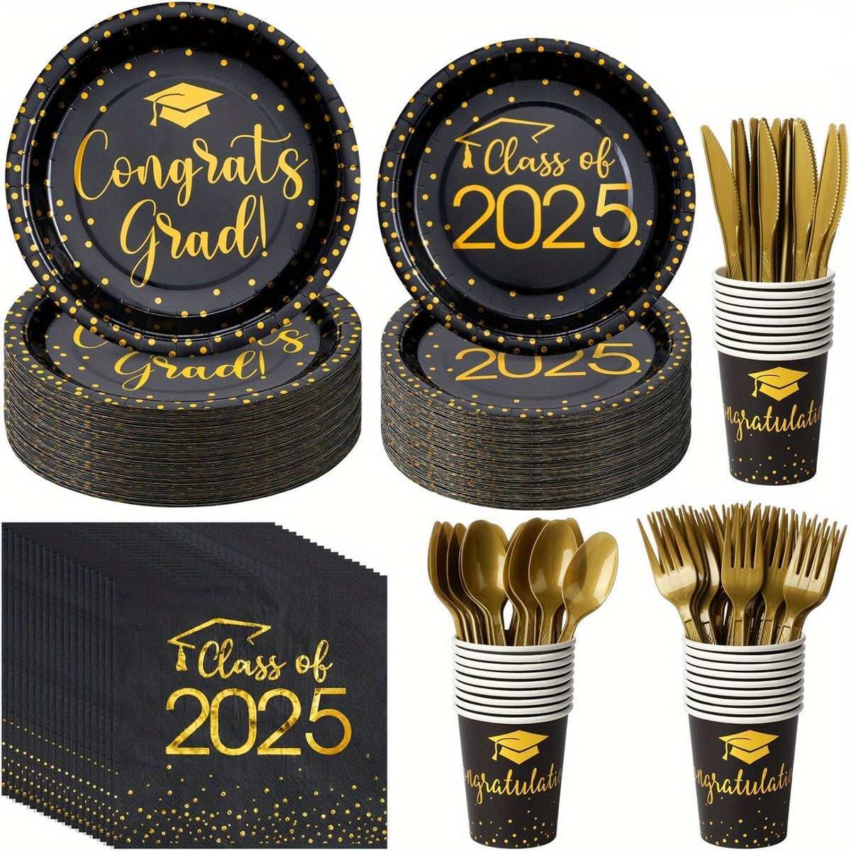 Class of 2025 Graduation Dinnerware Set – Black Gold Silver Disposable Party Plates, Cups & Cutlery for 30 Guests