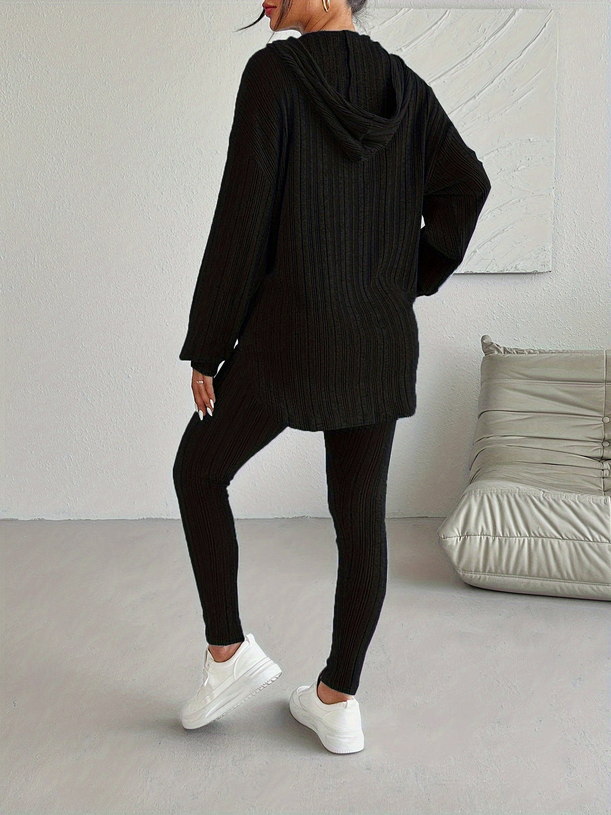 Women's Casual Ribbed Two-Piece Lounge Set – Hooded Long Sleeve Top & Fitted Pants for Relaxed Daily Wear or Travel Outfits