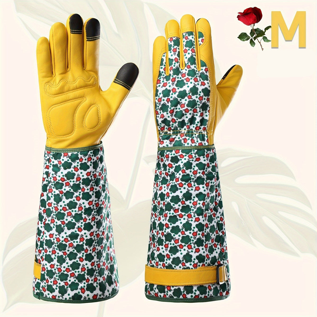 Women’s Gardening Gloves – Durable Green Floral Print Thorn-Proof Cowhide Gauntlet with Touchscreen Feature, Breathable Yard Work Accessory