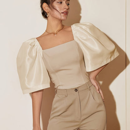 Chic Square Neck Lantern Sleeve Blouse – Woven Polyester Women’s Fashion Top for Spring/Summer Street Style with a Flattering Skinny Fit