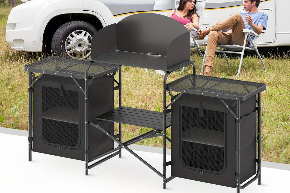 Portable Camping Cook Table - Folding, Compact, Windproof, with Storage & Organizer, Ideal for Outdoor Adventures