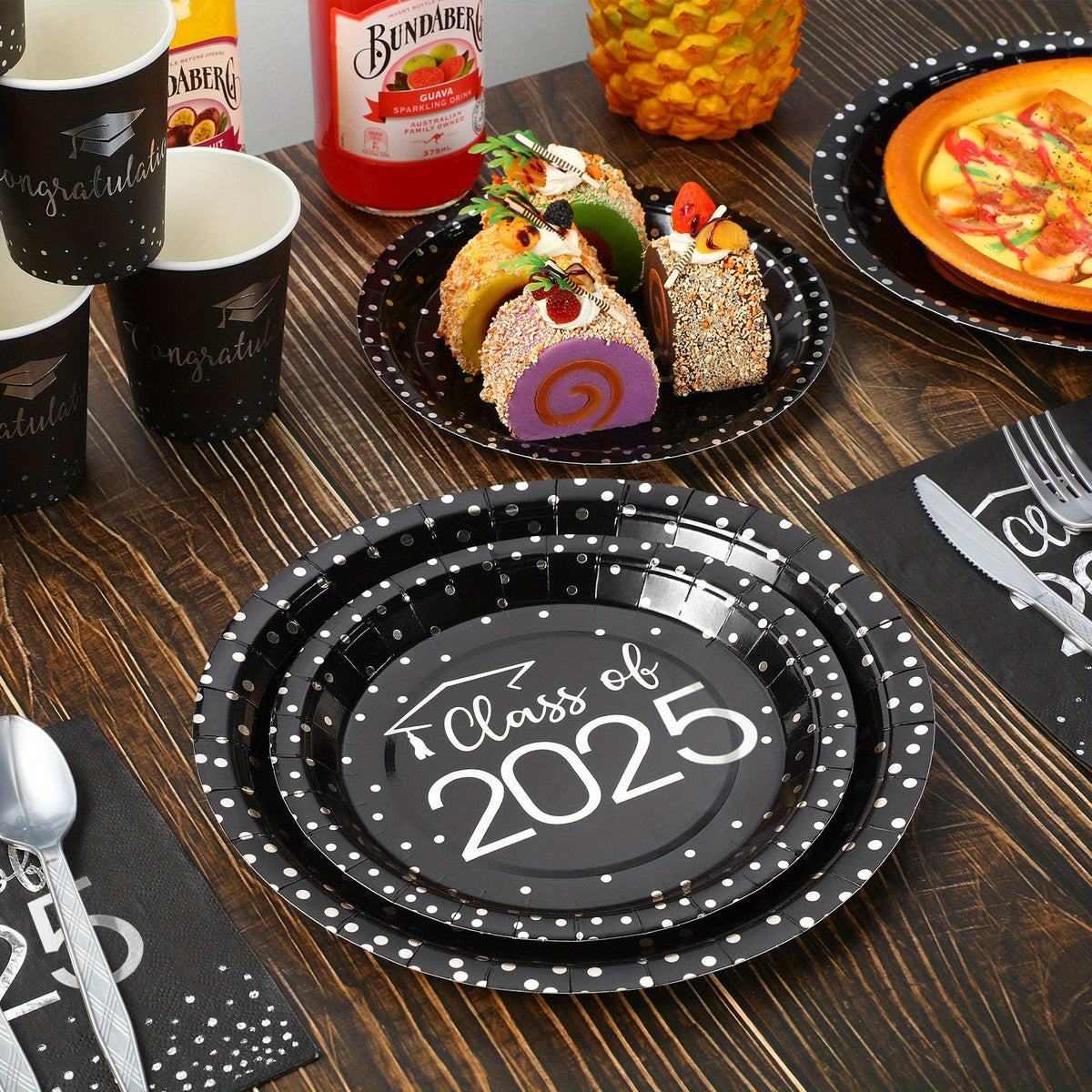 Class of 2025 Graduation Dinnerware Set – Black Gold Silver Disposable Party Plates, Cups & Cutlery for 30 Guests