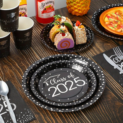 Class of 2025 Graduation Dinnerware Set – Black Gold Silver Disposable Party Plates, Cups & Cutlery for 30 Guests