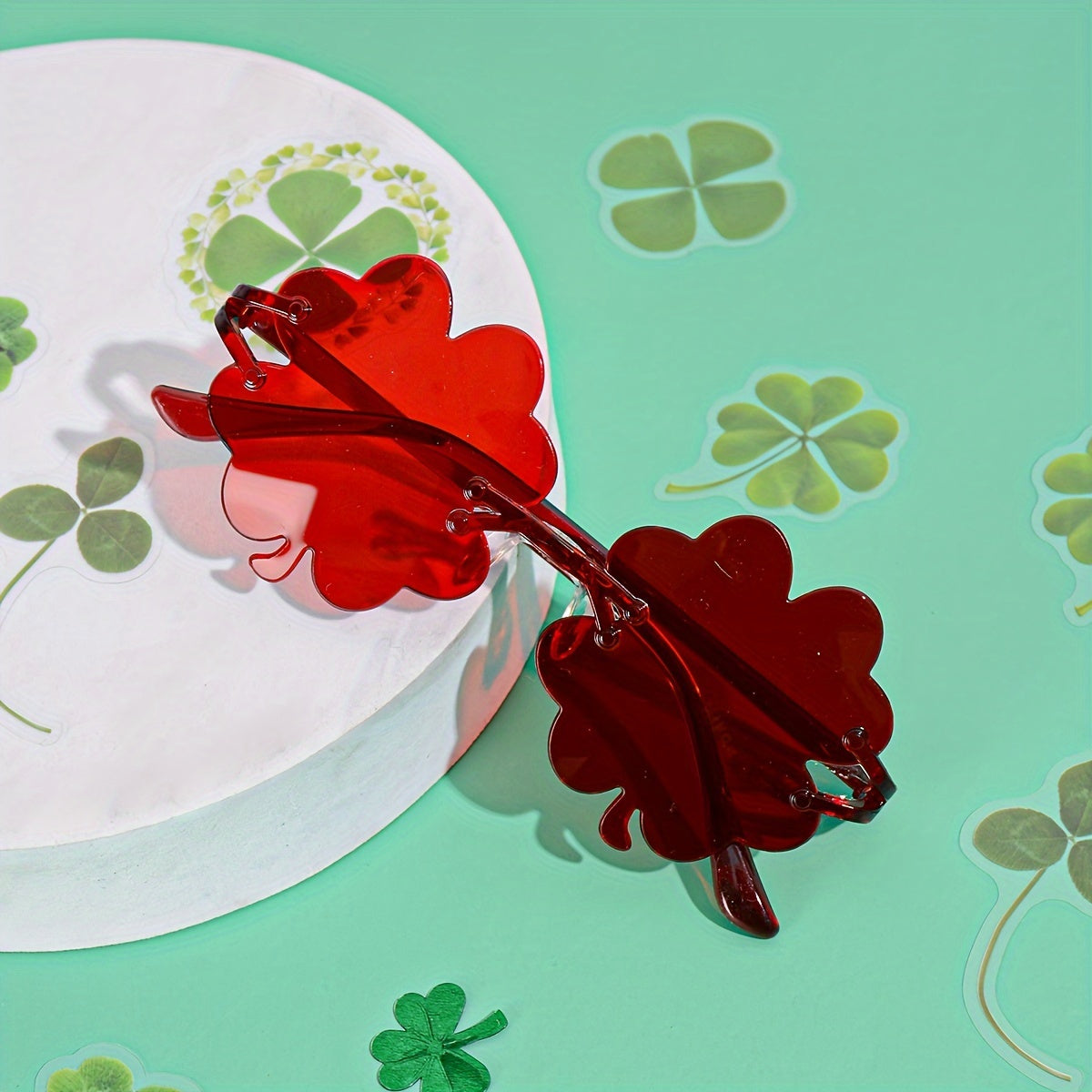 St. Patrick’s Day Clover Fashion Glasses – Red & Green Frame Festive Eyewear Perfect for Irish Parties, Fun Photos & Costumes