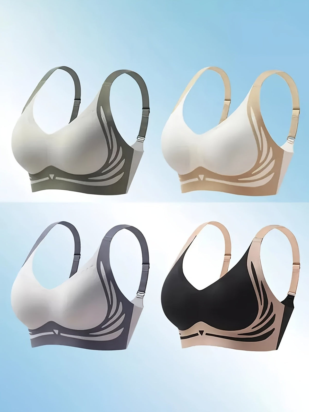 Seamless Anti-Gravity Sports Bras – 4-Pack Lifting, Shaping, and Chest Support Underwear for Active Women with Comfortable Compression