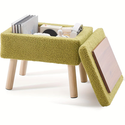 Modern Green Velvet Ottoman – Soft Padded Square Footrest with Wood Legs for Bedrooms, Offices, and Compact Spaces