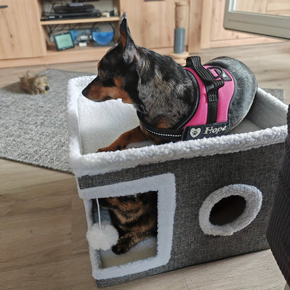 Multi-level Gray Cat Villa Bed – Soft Cave-Like Retreat with Scratch Post, Ideal for Resting, Hiding & Playing
