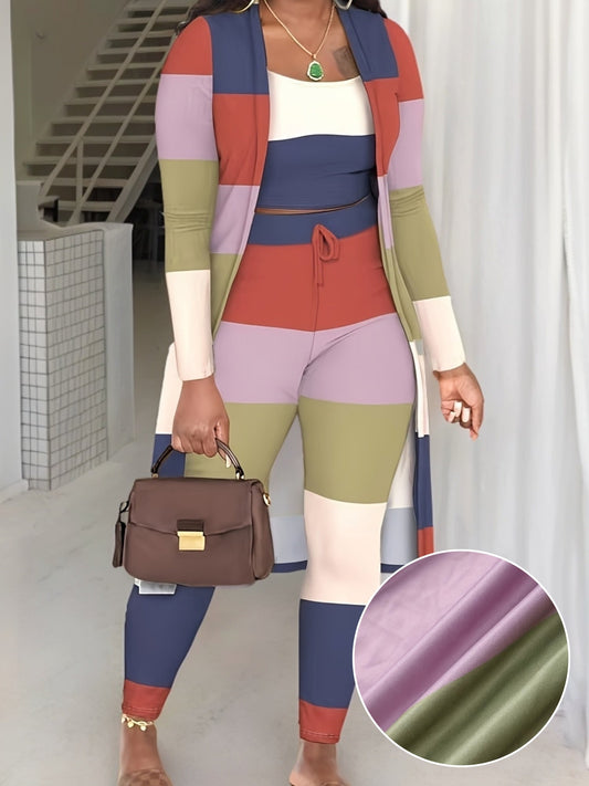 Women’s Color Block Three-Piece Outfit Set – Striped Open Cardigan with Tie-Waist Pants and Matching Inner Top for Stylish Casual Wear