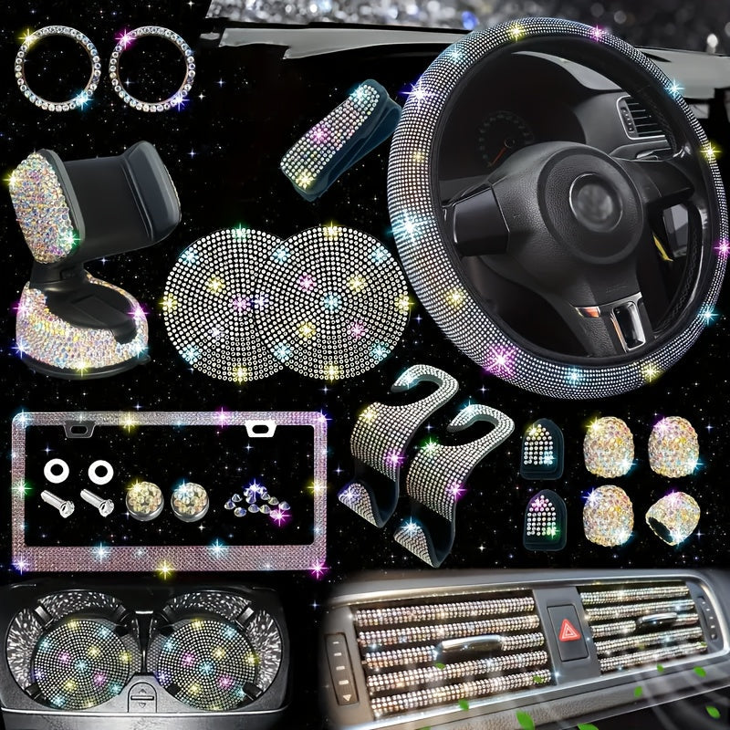 Bling Interior Set for Women with Rhinestone - 27pcs. Luxury Car Accessories for Steering Cover, Crystal Push Start Ring and Gear Trim