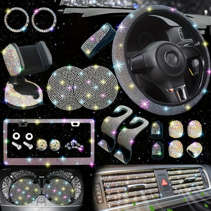 Bling Interior Set for Women with Rhinestone - 27pcs. Luxury Car Accessories for Steering Cover, Crystal Push Start Ring and Gear Trim