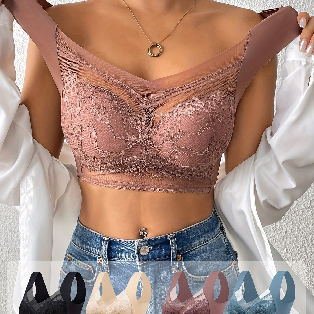 Women's Lace Contrast Underwear Set –4-Piece Wireless, Steel-Free Daily Bra & Panties in Flirty Mixed Colors