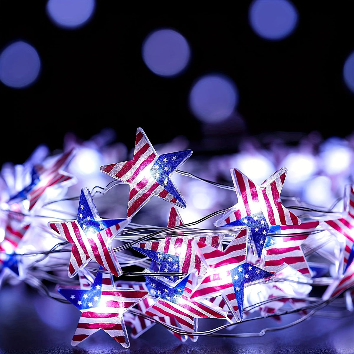 American Flag Copper Wire String Lights – Battery Powered LED Patriotic Lighting for Independence Day Celebrations