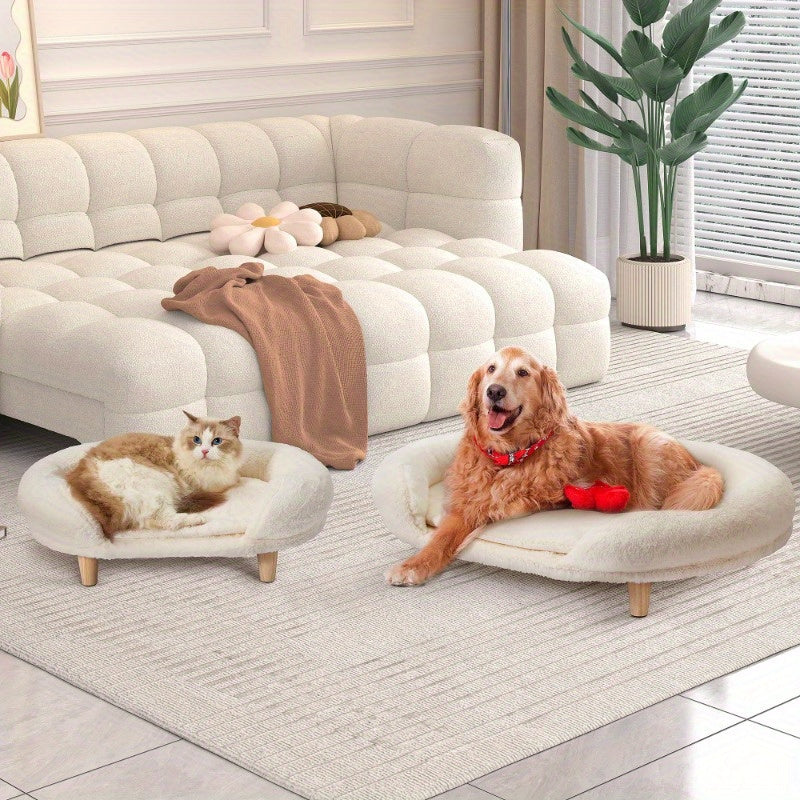 Medium Pet Sofa Beds – Thick Foam Dog & Cat Beds with Removable Fuzzy Covers & Solid Wood Anti-Slip Legs for Stylish Home Comfort