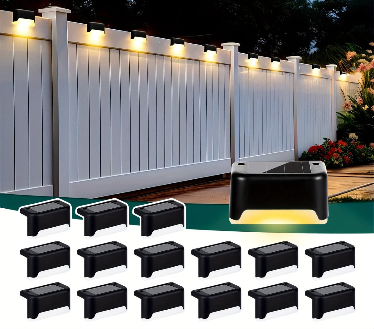 Outdoor Stair & Pathway Solar LED Deck Lights – 16pcs Lighting System with Auto On/Off, 12-Hour Runtime, Warm White Glow & Easy Installation for Homes, Hotels, Malls & Commercial Spaces
