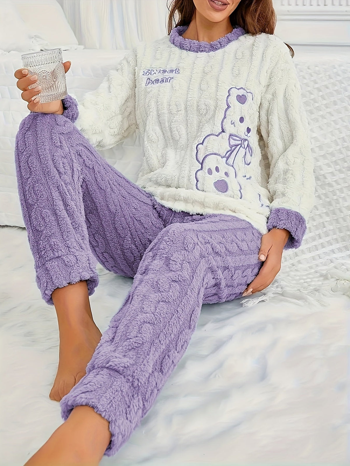 Cute Fleece Teddy Pajama Set for Women – Cozy Cartoon Embroidered Crew Neck Top & Pants for Winter Comfort