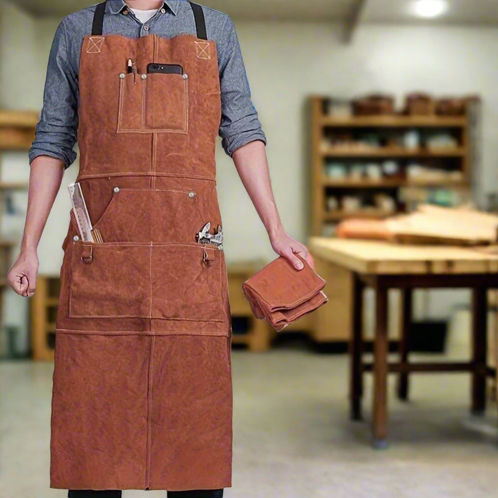 Heat-Resistant Leather Welding Apron – Heavy-Duty 37.8'' Flame Retardant Apron with 6 Pockets for Blacksmiths, Carpenters & More