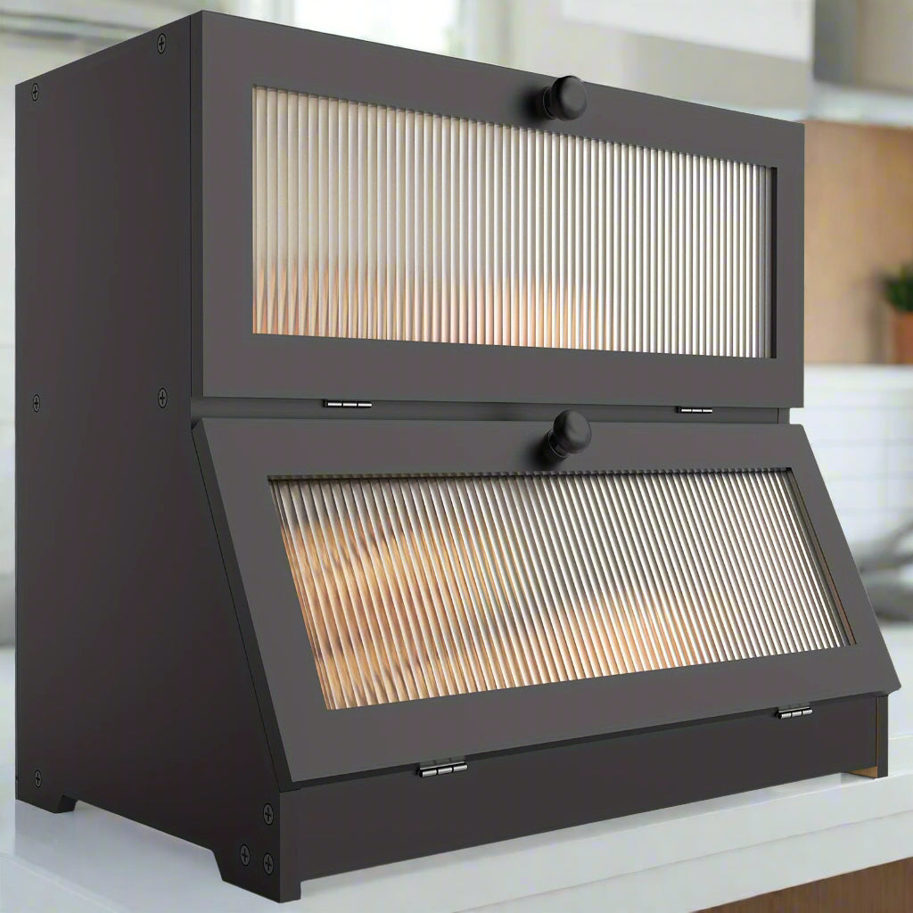 Double Layer Bread Box - Two-Tier Counter Cabinet with Fluted Doors and Bamboo-Lined Interior
