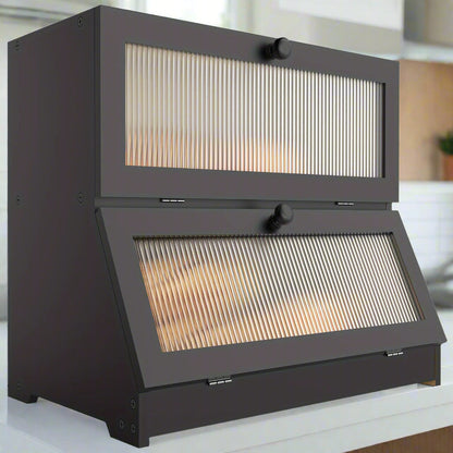 Double Layer Bread Box - Two-Tier Counter Cabinet with Fluted Doors and Bamboo-Lined Interior