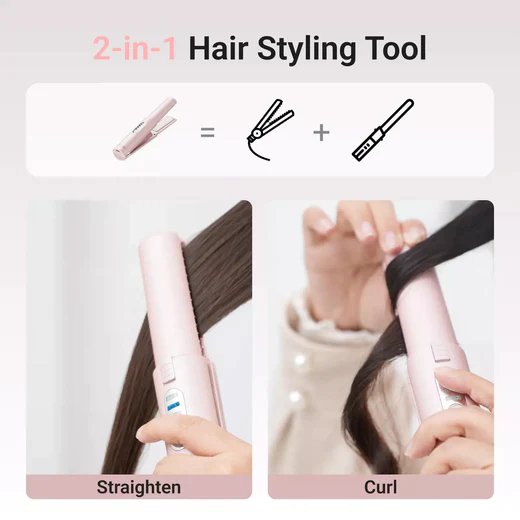 Cordless Hair Straightener and Curler - 2-in-1  Cordless Straightener and Portable Flat Iron for Hair, USB-C Rechargeable Ceramic Mini Flat Iron